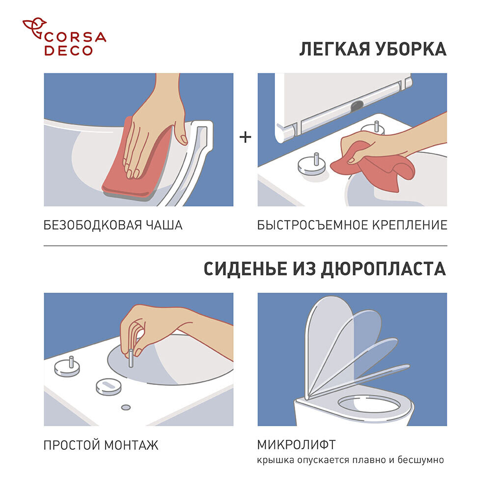 Унитаз-компакт Corsa Deco TX Rimless безободковый с горизонтальным выпуском с сиденьем дюропласт микролифт белый (TPTX610QR)