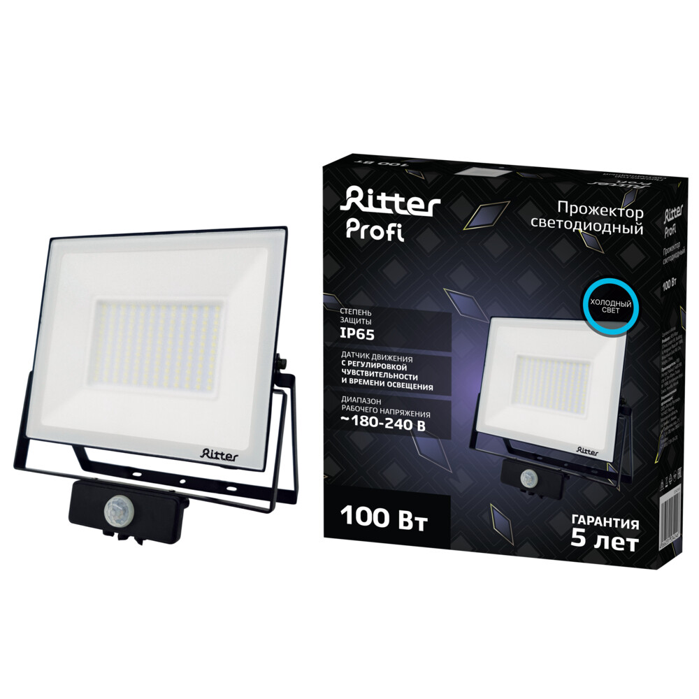 Прожектор светодиодный Ritter Profi 6500К 100 Вт IP65 с датчиком движения черный