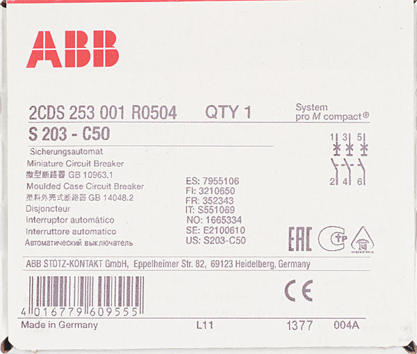 Автоматический выключатель модульный ABB S203 3P 50А тип C 6 кА 400 В (2CDS253001R0504)
