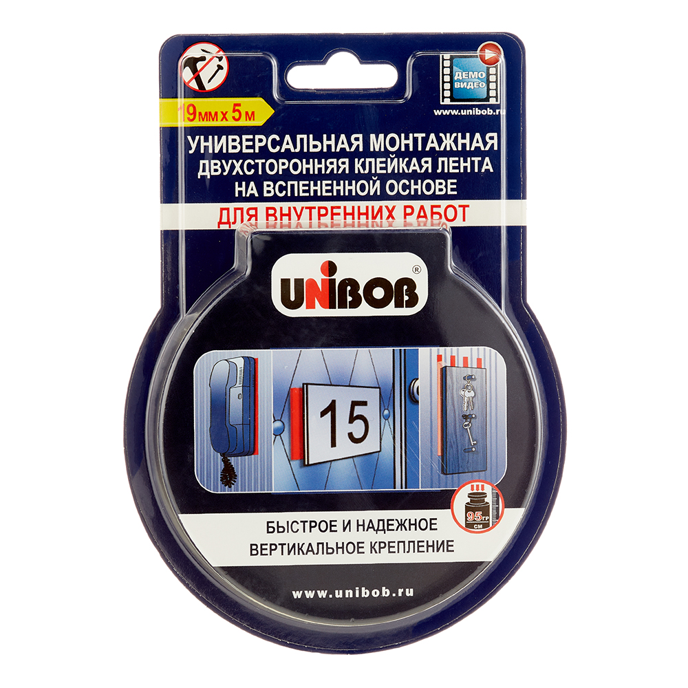 Лента клейкая монтажная для внутренних работ Unibob двусторонняя 19 мм 5 м
