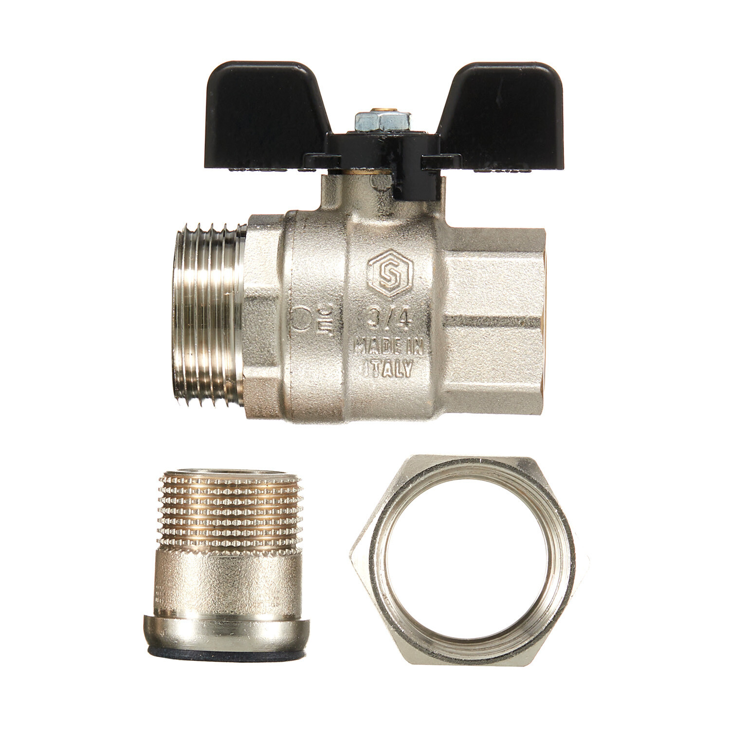 Кран шаровой латунный Stout SVB 3/4 ВР(г) х 3/4 НР(ш) полнопроходной бабочка со сгоном прямой (SVB-0007-200020)