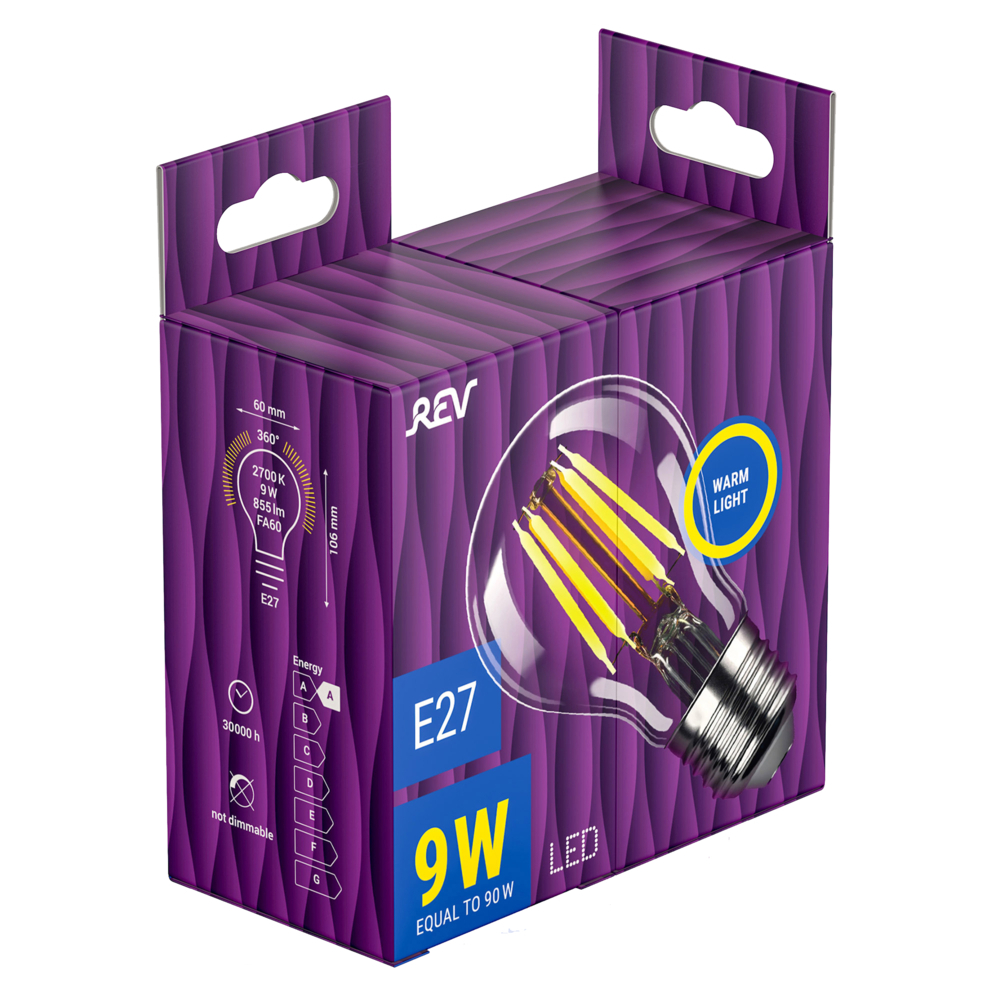 Лампа светодиодная филаментная Rev E27 2700К 9 Вт 855 Лм 220 В груша A60 прозрачная