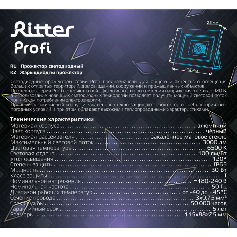 Прожектор светодиодный Ritter Profi 6500K 30 Вт IP65 черный