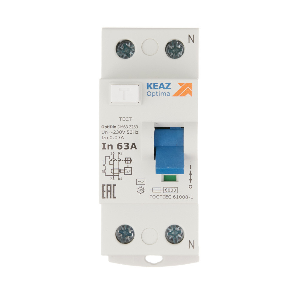 УЗО КЭАЗ OptiDin DM63 63А 1P+N тип AC 30 мА 6 кА (254186)