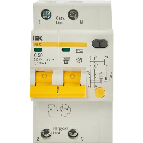 Дифференциальный автомат IEK АД12 2P C50 А 100 мА 4.5 кА AC MAD10-2-050-C-100