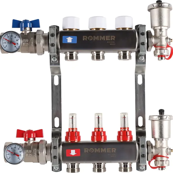 Коллектор в сборе для теплого пола Rommer 1"x3/4" 3 выхода нержавеющая сталь RMS-1210-000003