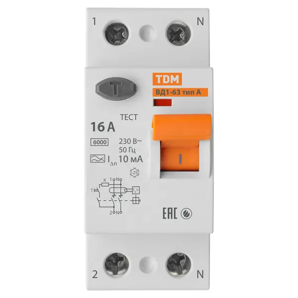 УЗО TDM Electric ВД1-63 2Р 16 А 10 мА 4.5 кА A