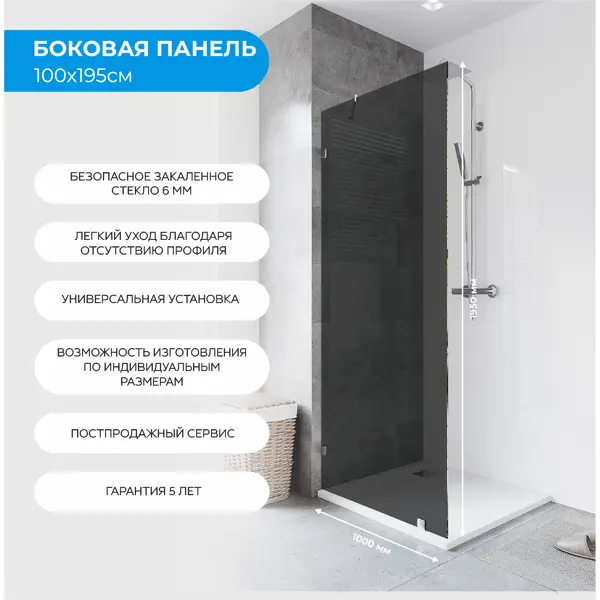 Душевая перегородка Классика боковая 195x100 см тонированная