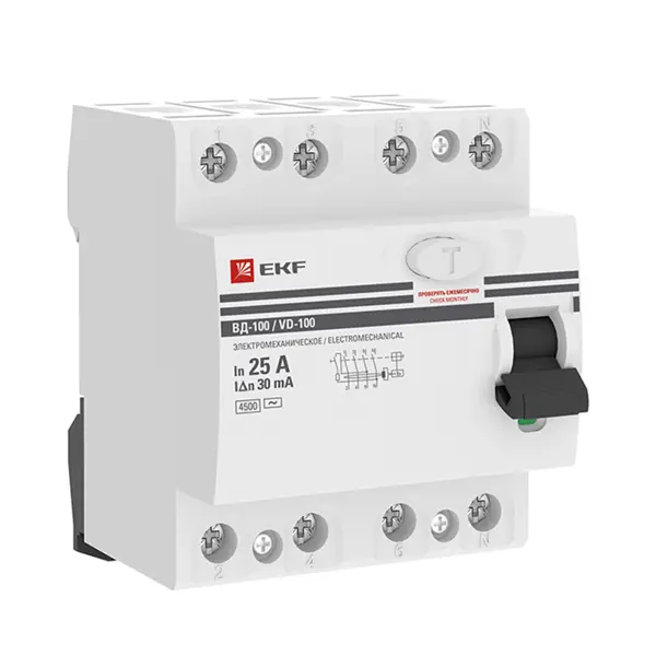 УЗО EKF ВД-100 4P 25 А 30 мА 4.5 кА АС elcb-4-25-30-em-pro