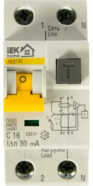 Автоматический выключатель дифференциального тока IEK Home 1P N C16 А 30 мА 6 кА АС