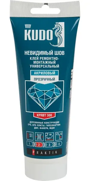 Клей ремонтно-монтажный Kudo Praktik Невидимый шов на акриловой основе прозрачный тюбик 200 мл