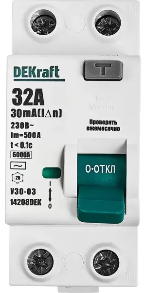 УЗО Dekraft ВДТ УЗО-03 2P 32 А 30 мА 6 кА АС14208DEK