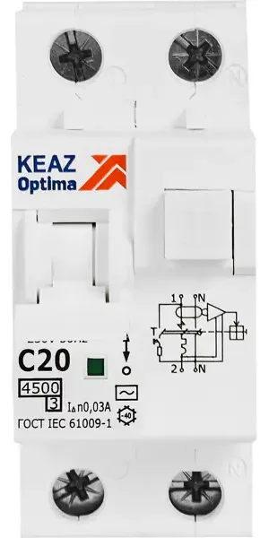 Дифференциальный автомат КЭАЗ Opti Din 2P C20 А 30 мА 4.5 кА АС D63-22C20-AC-У3