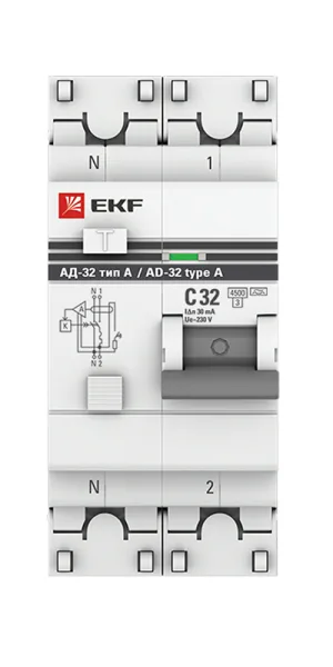 Автомат дифференциальный EKF PROxima АД-32 32А 1P+N тип A 30 мА 4,5 кА (DA32-32-30-a-pro)