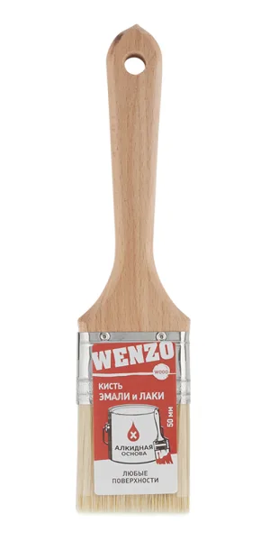 Кисть плоская натуральная щетина деревянная ручка Wenzo Wood 50х14 мм для эмалей и лаков на алкидной основе