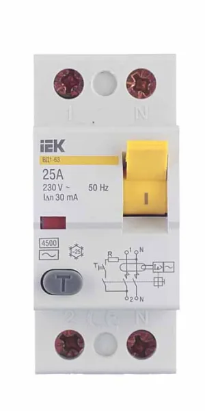УЗО IEK Karat ВД1-63 25А 1P+N тип AC 30 мА 4,5 кА (MDV10-2-025-030)