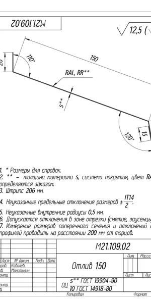 Отлив 150х2000 мм оцинкованный