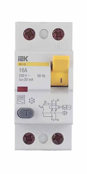 УЗО IEK Karat ВД1-63 16А 1P+N тип AC 30 мА 4,5 кА (MDV10-2-016-030)