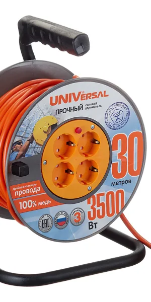 Удлинитель UNIVersal с заземлением 30 м на катушке 3,5 кВт 4 розетки ПВС 3х1,5 кв.мм IP20