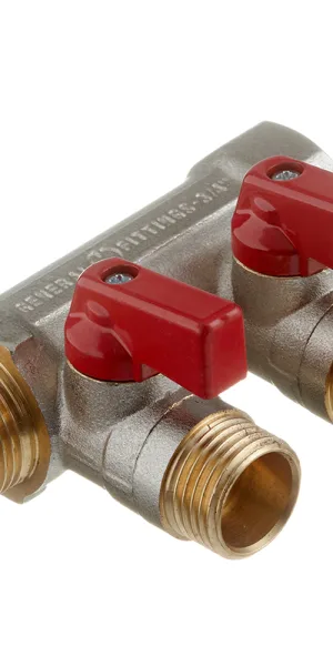 Коллектор Stout 3/4 ВР(г) х 2 выхода 1/2 НР(ш) х 3/4 НР(ш) с шаровыми кранами (SMB 6210 341202)