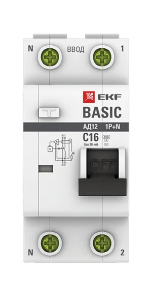 Автомат дифференциальный EKF Basic АД-12 16А 1P+N тип AC 30 мА 4,5 кА (DA12-16-30-bas)