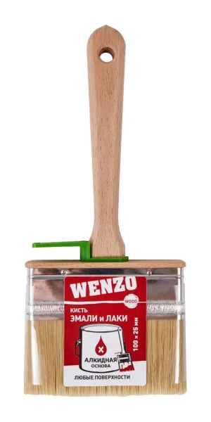 Кисть плоская натуральная щетина деревянная ручка Wenzo Wood 100х25 мм для эмалей и лаков на алкидной основе