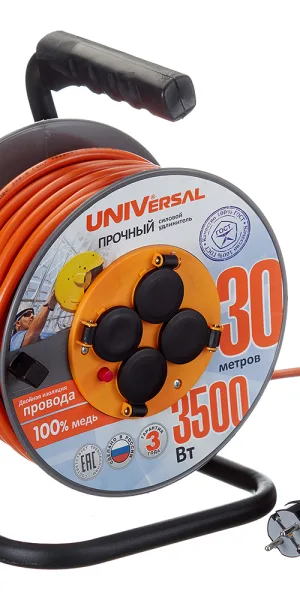 Удлинитель UNIVersal с заземлением 30 м на катушке 3,5 кВт 4 розетки ПВС 3х2,5 кв.мм IP44
