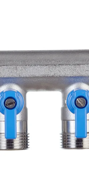 Коллектор Henco 3/4 ВР(г) х 2 выхода 3/4 НР(ш) ЕК х 3/4 НР(ш) с шаровыми кранами (VB050502-BLAUW)