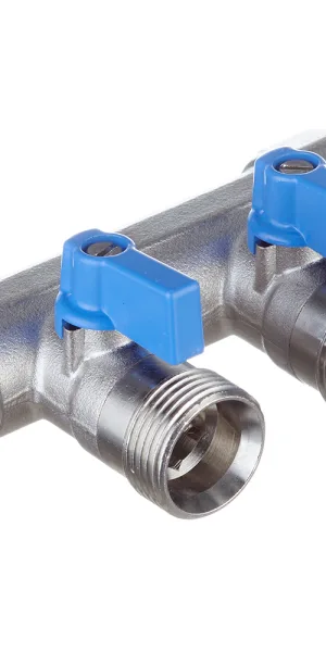 Коллектор Henco 3/4 ВР(г) х 2 выхода 3/4 НР(ш) ЕК х 3/4 НР(ш) с шаровыми кранами (VB050502-BLAUW)