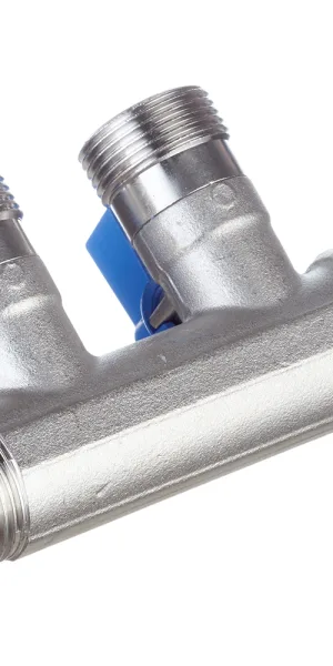 Коллектор Henco 3/4 ВР(г) х 2 выхода 3/4 НР(ш) ЕК х 3/4 НР(ш) с шаровыми кранами (VB050502-BLAUW)
