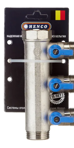 Коллектор Henco 1 ВР(г) х 3 выхода 3/4 НР(ш) ЕК х 1 НР(ш) с шаровыми кранами (VB060503-BLAUW)