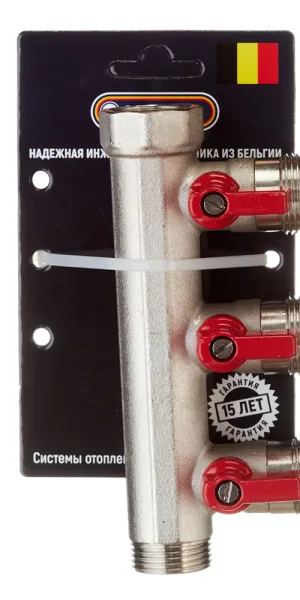 Коллектор Henco 3/4 ВР(г) х 3 выхода 3/4 НР(ш) ЕК х 3/4 НР(ш) с шаровыми кранами (VB050503-ROOD)