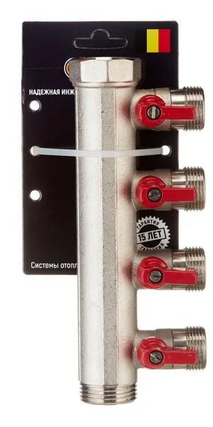Коллектор Henco 1 ВР(г) х 4 выхода 3/4 НР(ш) ЕК х 1 НР(ш) с шаровыми кранами (VB060504-ROOD)