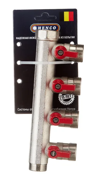 Коллектор Henco 3/4 ВР(г) х 4 выхода 3/4 НР(ш) ЕК х 3/4 НР(ш) с шаровыми кранами (VB050504-ROOD)