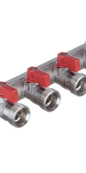Коллектор Henco 3/4 ВР(г) х 4 выхода 3/4 НР(ш) ЕК х 3/4 НР(ш) с шаровыми кранами (VB050504-ROOD)