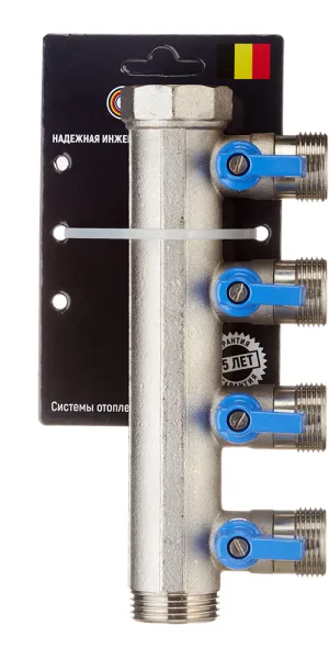 Коллектор Henco 1 ВР(г) х 4 выхода 3/4 НР(ш) ЕК х 1 НР(ш) с шаровыми кранами (VB060504-BLAUW)