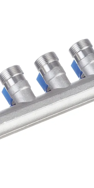 Коллектор Henco 3/4 ВР(г) х 4 выхода 3/4 НР(ш) ЕК х 3/4 НР(ш) с шаровыми кранами (VB050504-BLAUW)