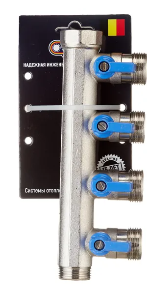Коллектор Henco 3/4 ВР(г) х 4 выхода 3/4 НР(ш) ЕК х 3/4 НР(ш) с шаровыми кранами (VB050504-BLAUW)
