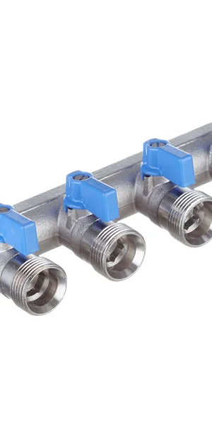 Коллектор Henco 3/4 ВР(г) х 4 выхода 3/4 НР(ш) ЕК х 3/4 НР(ш) с шаровыми кранами (VB050504-BLAUW)
