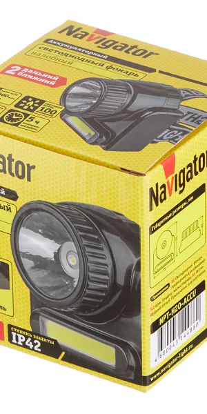 Фонарь налобный Navigator NPT светодиодный 2 LED 3/3 Вт аккумуляторный Lead-acid 500 мАч ударопрочный пластик 2 режима (14486)