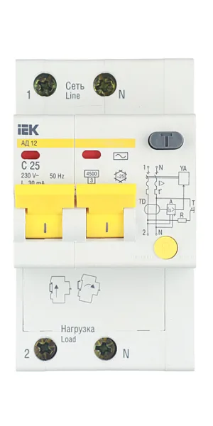 Автомат дифференциальный IEK Karat АД-12 25А 1P+N тип AC 30 мА 4,5 кА (MAD10-2-025-C-030)