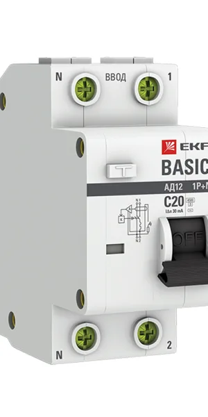 Автомат дифференциальный EKF Basic АД-12 20А 1P+N тип AC 30 мА 4,5 кА (DA12-20-30-bas)