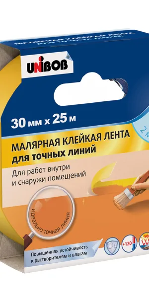Лента малярная Unibob для четкого края желтая 30 мм 25 м