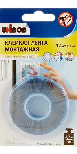 Лента клейкая монтажная Unibob двусторонняя кристально-прозрачная 12 мм 2 м