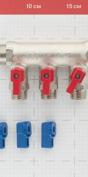 Коллектор Valtec 3/4 ВР(г) х 3 выхода 1/2 НР(ш) х 3/4 НР(ш) с шаровыми кранами (VTc.580.N.0503)