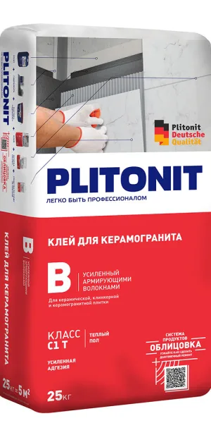 Клей для плитки/ керамогранита/ клинкера Plitonit В усиленный армирующими волокнами серый класс C1 T 25 кг