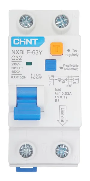 Автомат дифференциальный Chint NXBLE-63Y 32А 1P+N тип AC 30 мА 4,5 кА компактный (105545)