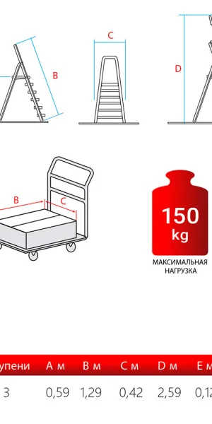 Стремянка алюминиевая 3 ступени 130 мм с лотком органайзером 0,59 м Новая высота