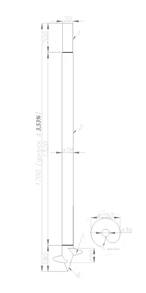Свая-стойка винтовая d76х1700 мм (70х70х200 мм/ d76х1500 мм)