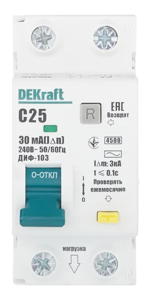 Автомат дифференциальный Dekraft ДИФ-103 25А 1P+N тип AC 30 мА 4,5 кА компактный (16054DEK)